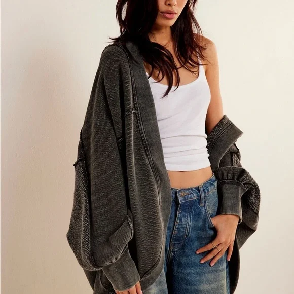 Free People Oversized Black Cardigan w/ Hood - Picture 1 of 3